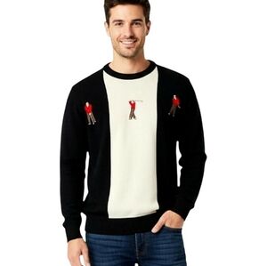 Hathaway Mens Vintage Golf Sweater Black Cream Ribbed Knit Embroidered Crewneck
